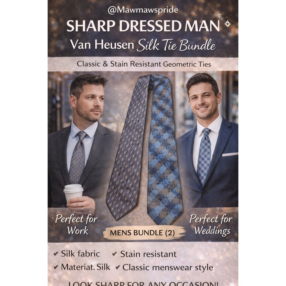 Van Heusen Silk Tie Bundle (2) Geometric Blue & Gray Stain Resistant  Neck‎ Ties